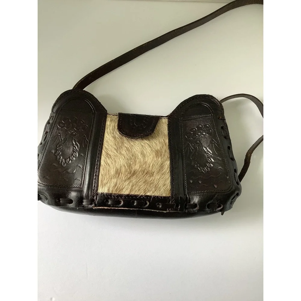 Puro Cuero Hand Crafted Tooled Leather Cowhide Pony Hair Shoulder Bag Brown